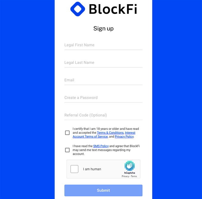 BlockFi review: BlockFi sign up process.